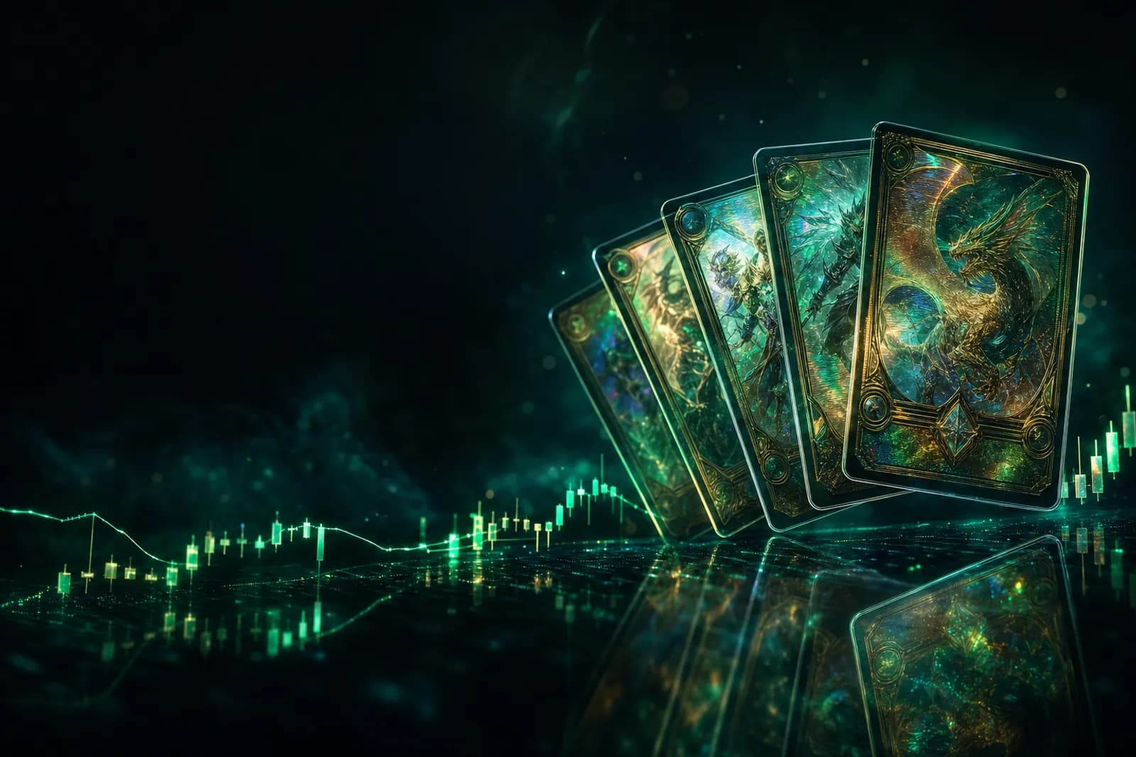 Holographic trading cards above a glowing price chart