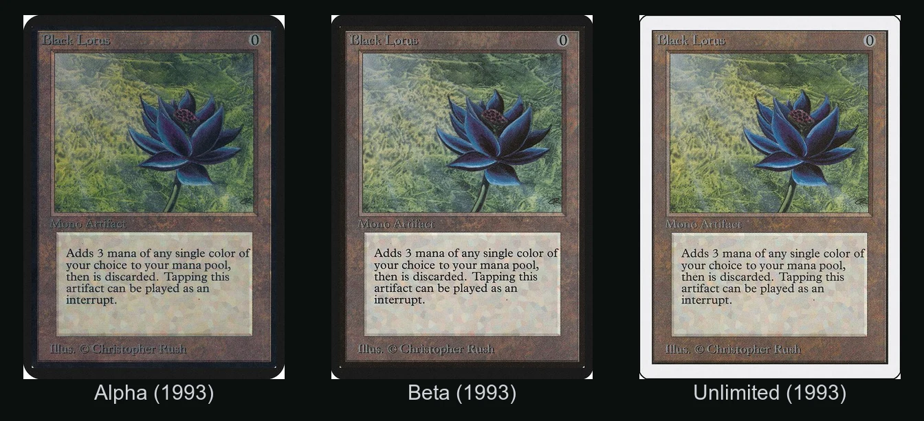 Alpha, Beta, and Unlimited Black Lotus cards from 1993 shown side by side, comparing the black borders of Alpha and Beta against the white border of Unlimited