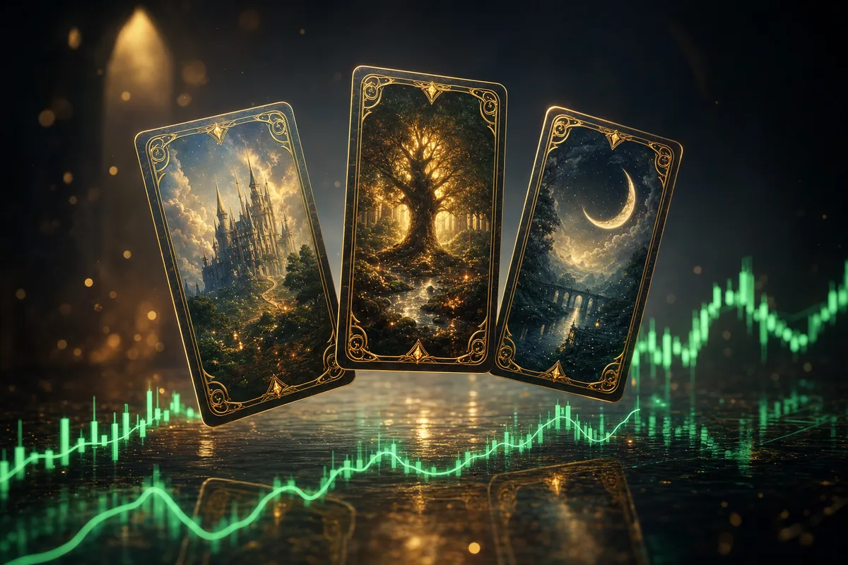 Enchanting Lorcana-style cards floating above a glowing market price chart