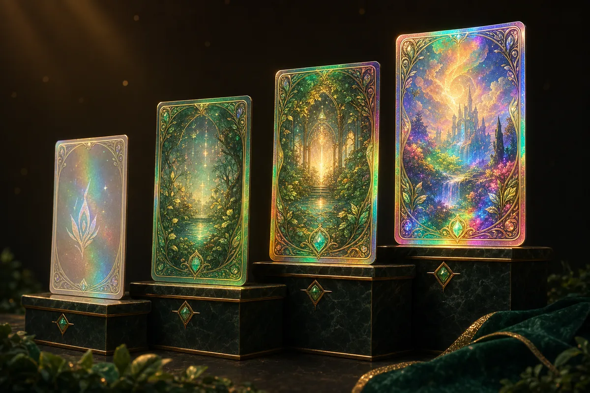 Lorcana-style rarity ladder rising from holo to full rainbow foil
