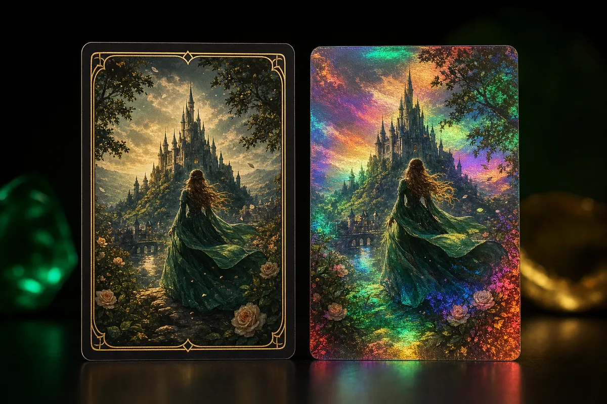 A standard Lorcana card next to a full-art Enchanted rainbow-foil version