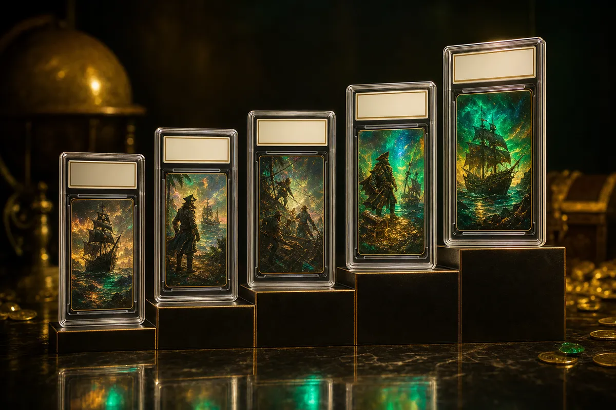Graded One Piece-style cards arranged as an ascending value ladder