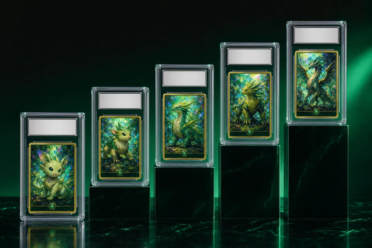 Graded creature-collecting cards arranged as an ascending value ladder