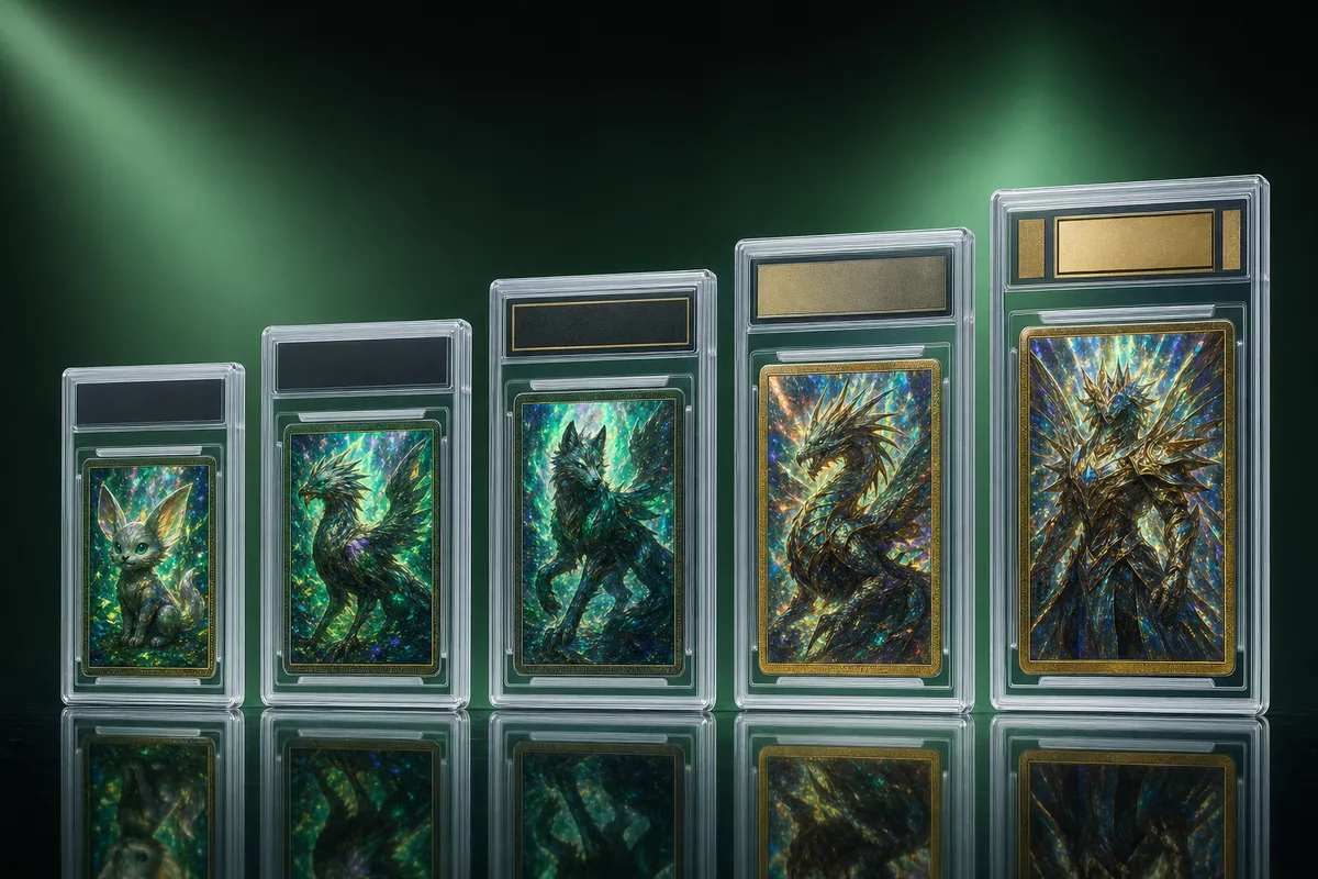 Five professionally graded trading card slabs arranged as an ascending value ladder