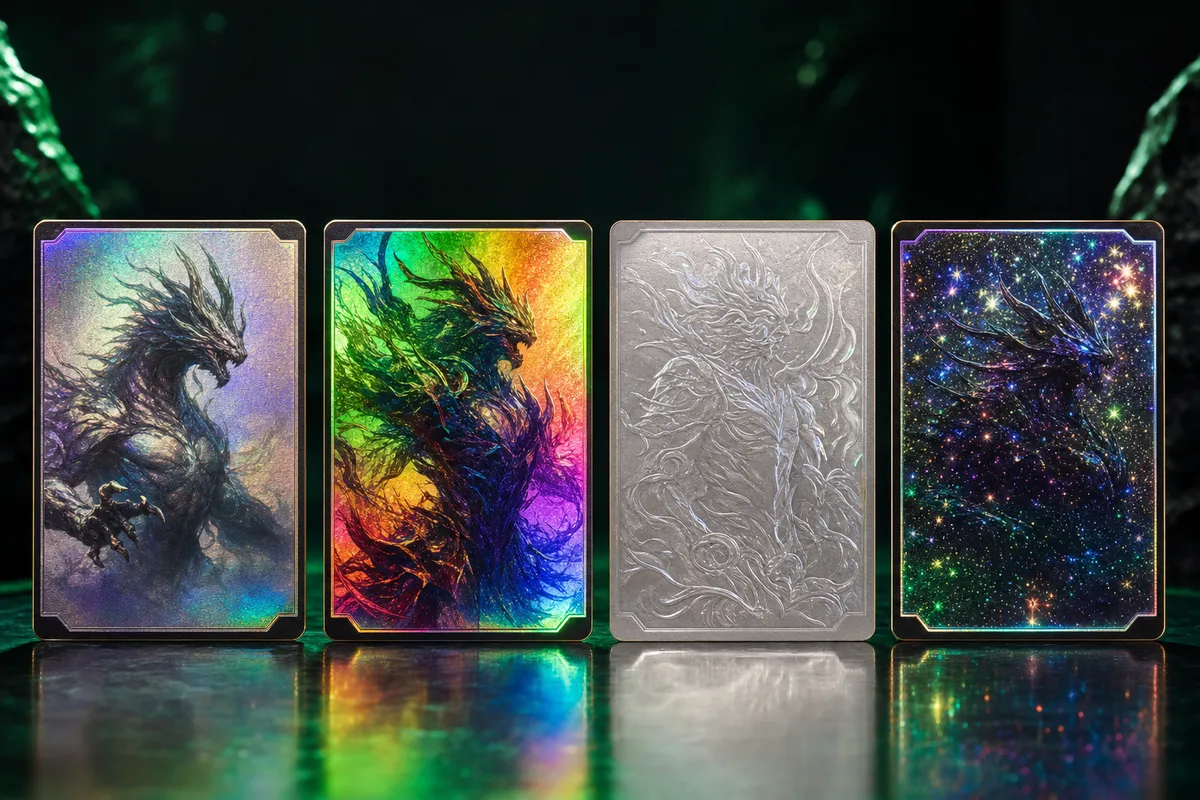 Comparison of four Yu-Gi-Oh trading card foil rarities, from holo to Ghost Rare and Starlight Rare