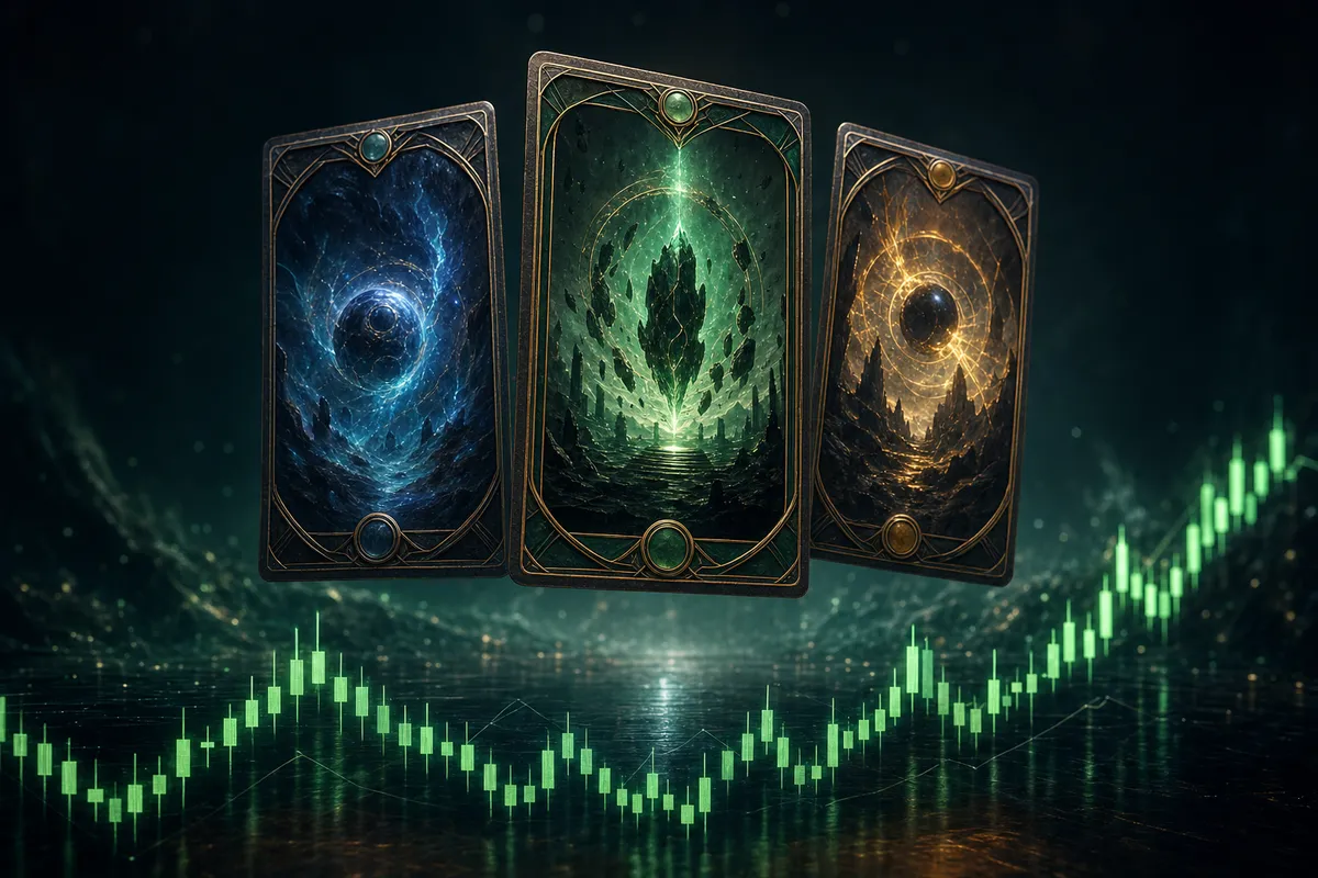 Premium Magic-style cards floating above a glowing market price chart