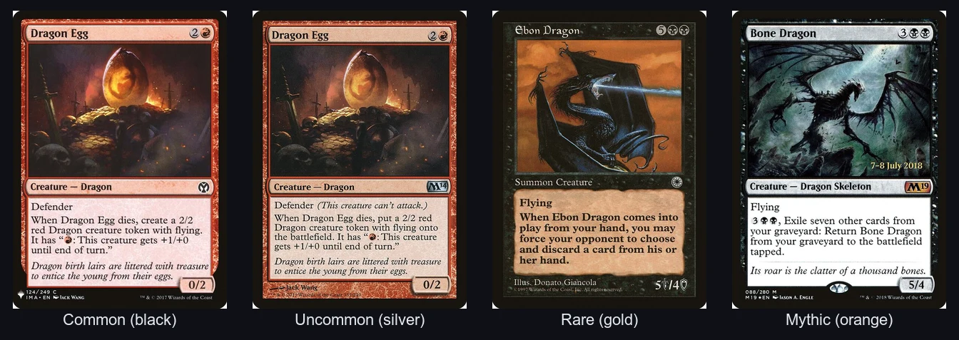 A Common, Uncommon, Rare and Mythic Magic: The Gathering card side by side, showing how the set-symbol colour indicates rarity