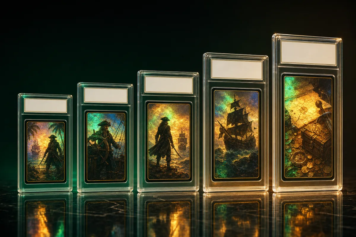 A value ladder of graded slabs holding One Piece-style cards