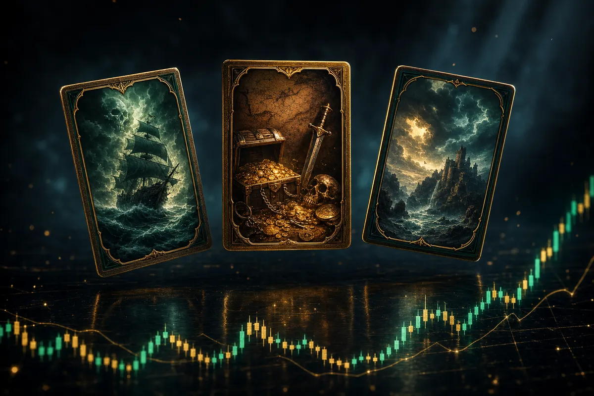 One Piece-style cards floating above a glowing emerald and gold price chart
