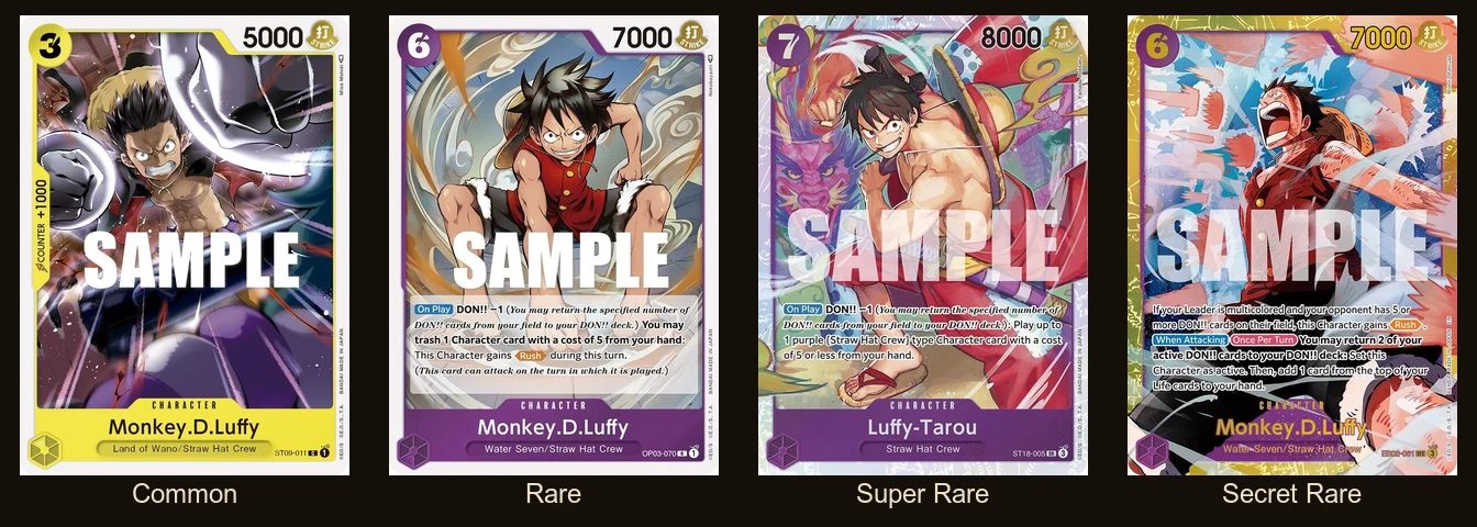 A Common, a Rare, a Super Rare and a Secret Rare One Piece card shown side by side to compare how rarity escalates